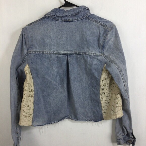 Free People Womens Lace Panel Denim Jacket Light Dungaree Blue Size Small - Picture 7 of 13